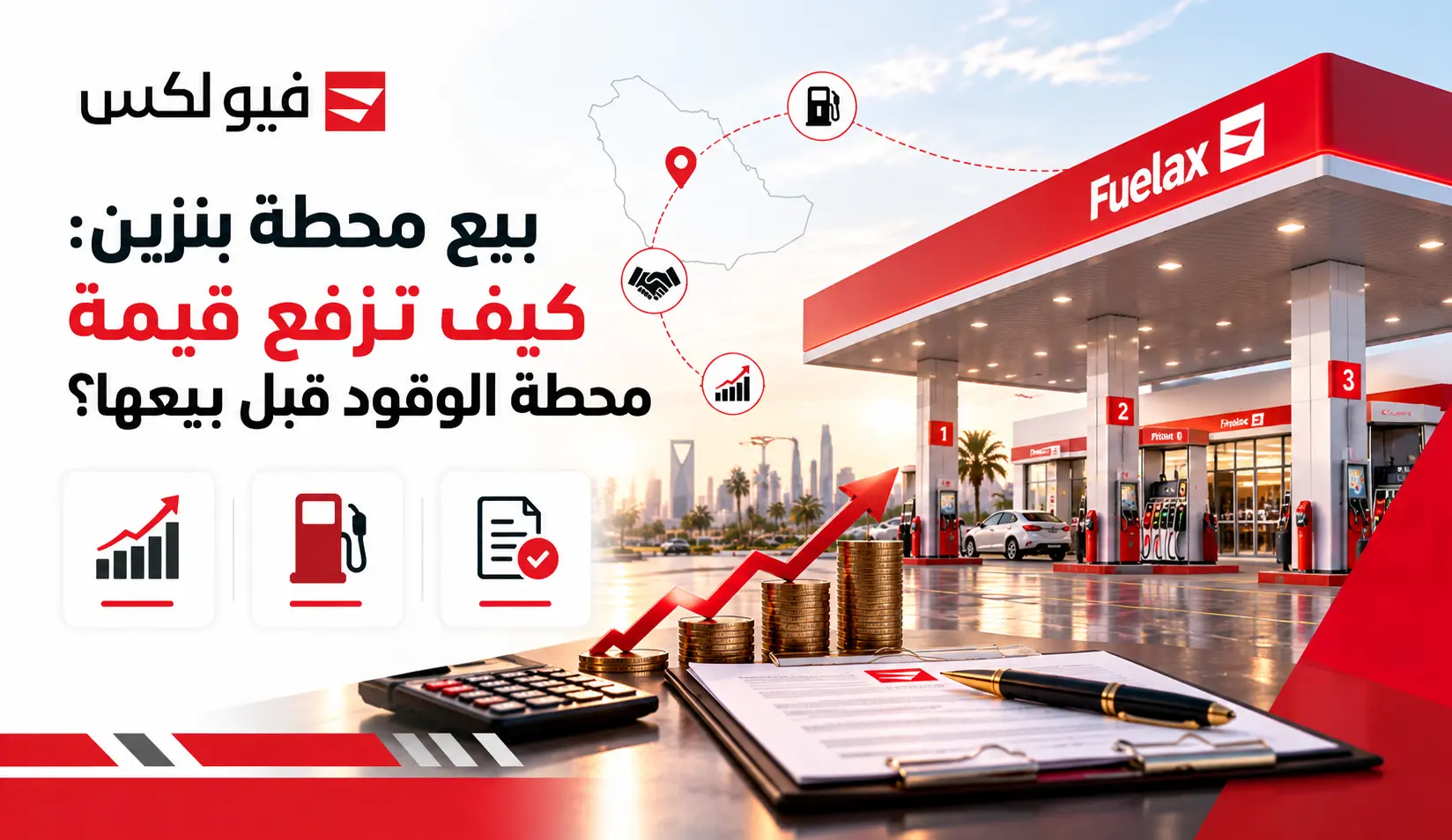 بيع محطة بنزين: محطة وقود تضم مضخات ومنطقة لتعبئة المركبات.